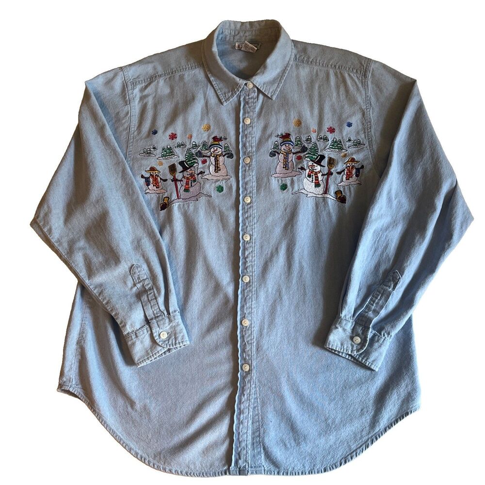 Vintage Christmas Denim Shirt Women’s L Blue Chambray Button Embroidered Snowman